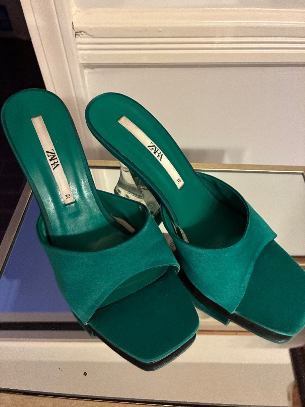 Zara Satin Emerald Green clear 4 inch heels 8M/39